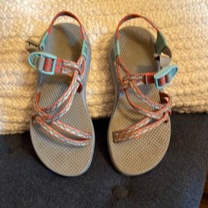 Gently used orange, blue and gray Chacos!